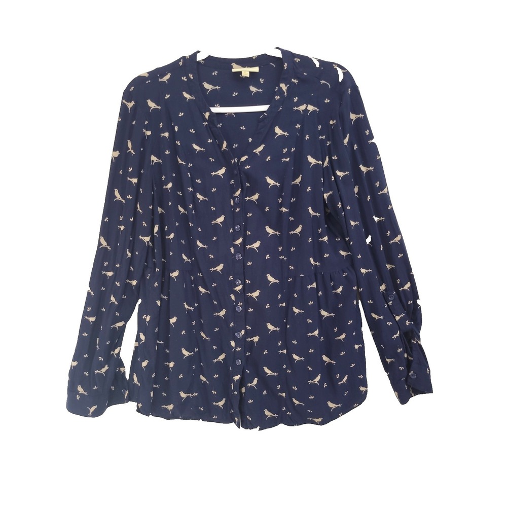 Modcloth Bird Print Top Womens XL Roll Tab Long Sleeve Button Up Boho Casual